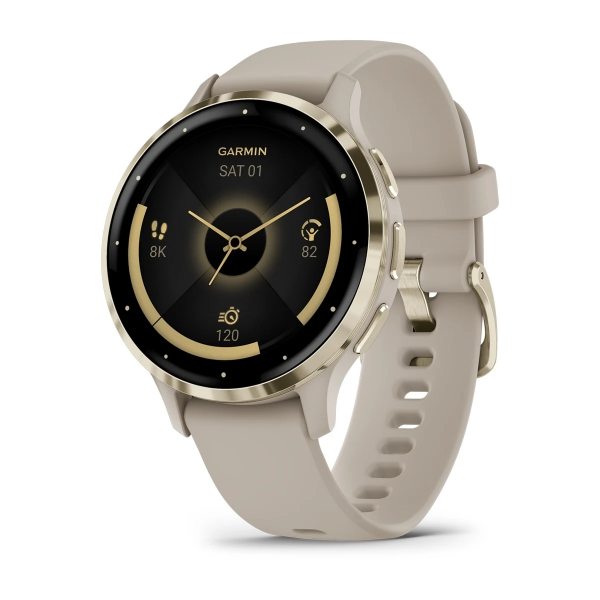 GARMIN VENU 3S SOFT GOLD БЕЗЕЛ С FRENCH GREY КОРПУС И СИЛИКОНОВА КАИШКА